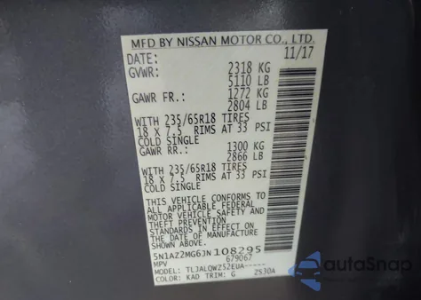 2018 Nissan Murano Sv из США, поврежденный, VIN 5N1AZ2MG6JN108295